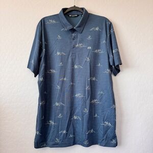 Travis Mathew XL Blue Golf Polo Shirt Fishing Boat Print Casual